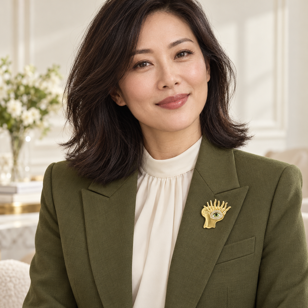 Sculptural Face with Eye Motif Brooch worn at realistic scale on coordinated clothing