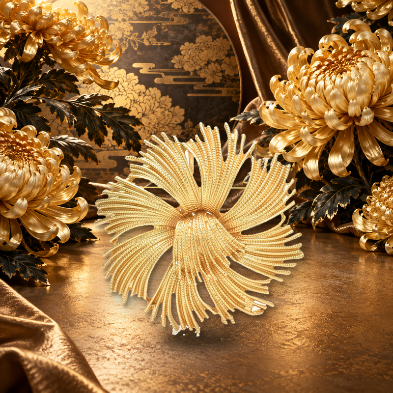 Sculptural Gold Chrysanthemum Brooch styled in a thematic scene