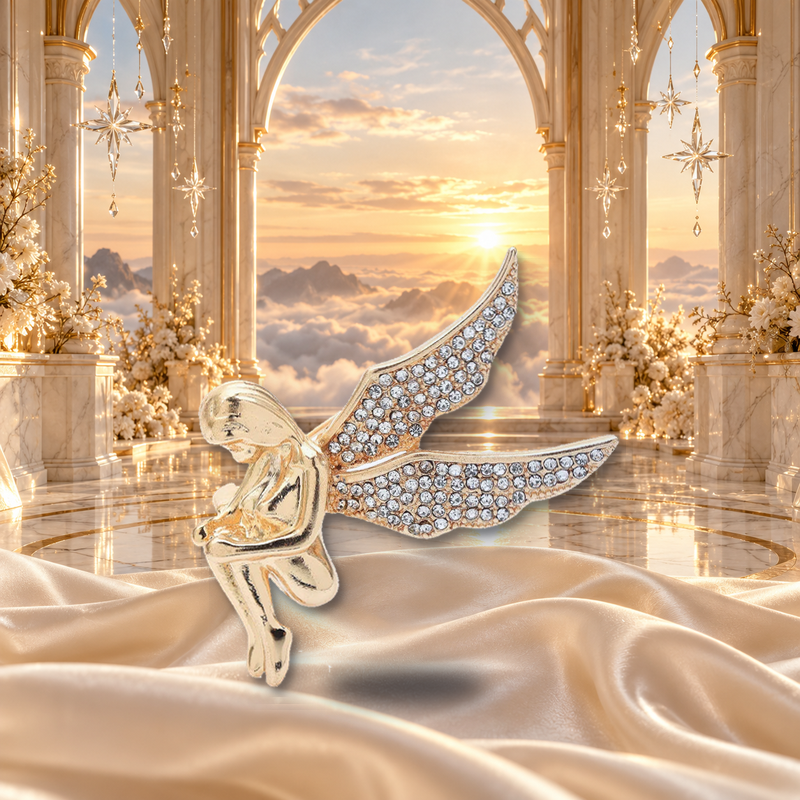 Seated Angel with Jeweled Wings Brooch styled in a thematic scene