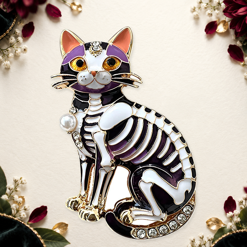 Skeleton Cat with Pearl-Look Accent Brooch on an ivory themed backdrop