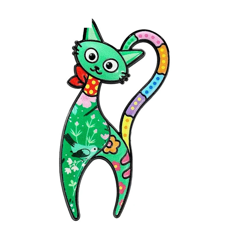 Slender Floral Folk Art Cat Brooch — Green