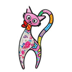 Slender Floral Folk Art Cat Brooch — Pink