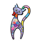 Slender Floral Folk Art Cat Brooch — Purple