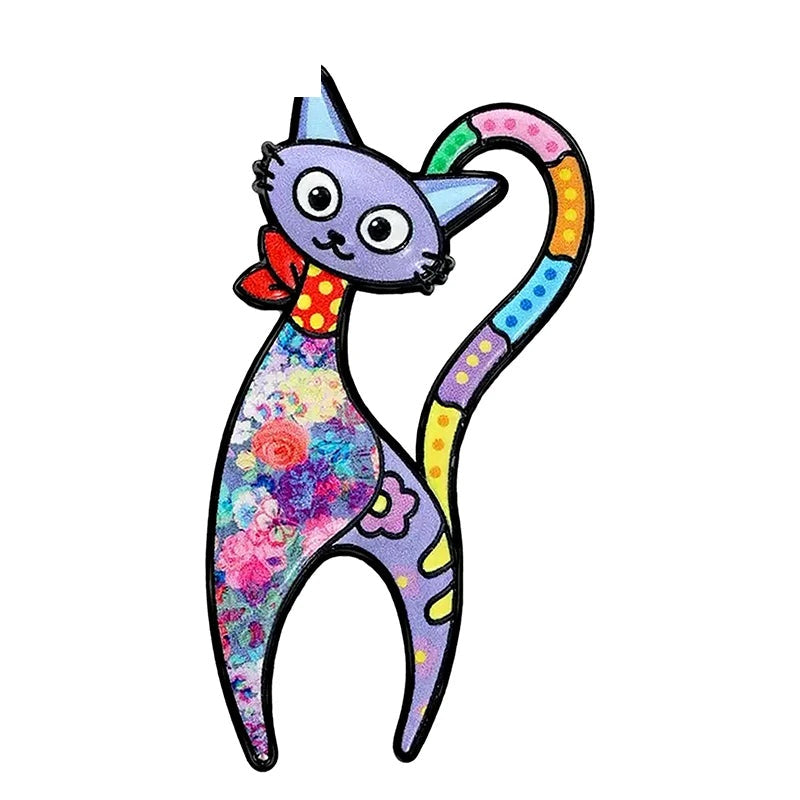 Slender Floral Folk Art Cat Brooch — Purple