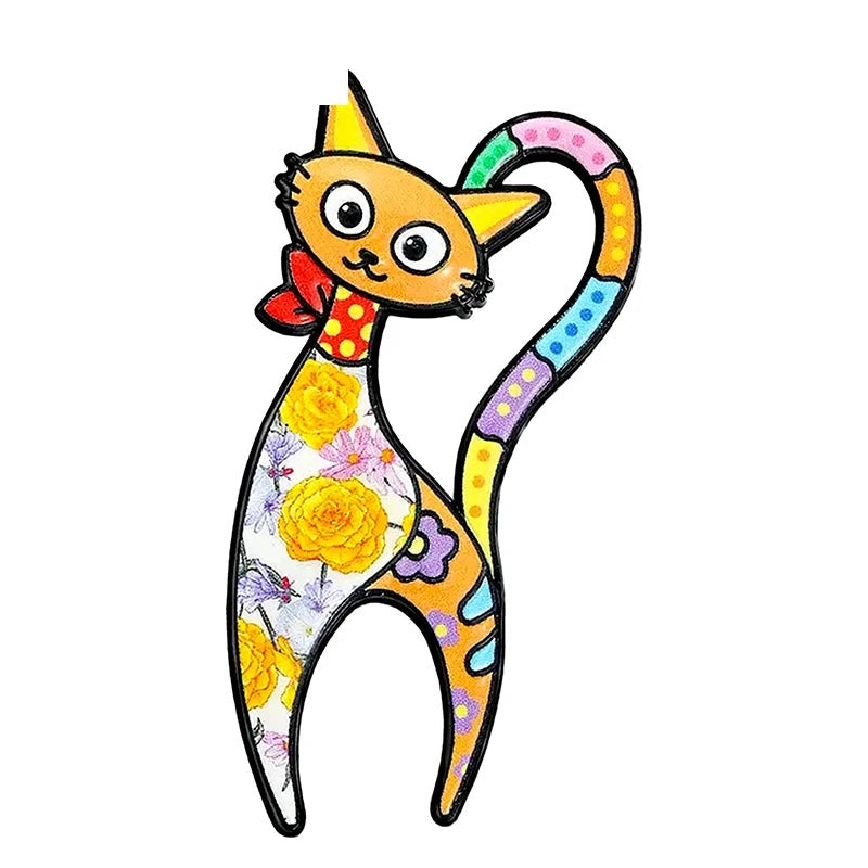 Slender Floral Folk Art Cat Brooch — Yellow
