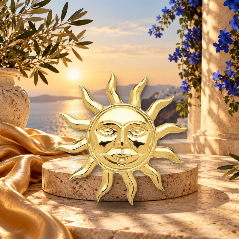 Smiling Sun with Flowing Rays Brooch styled in a thematic scene
