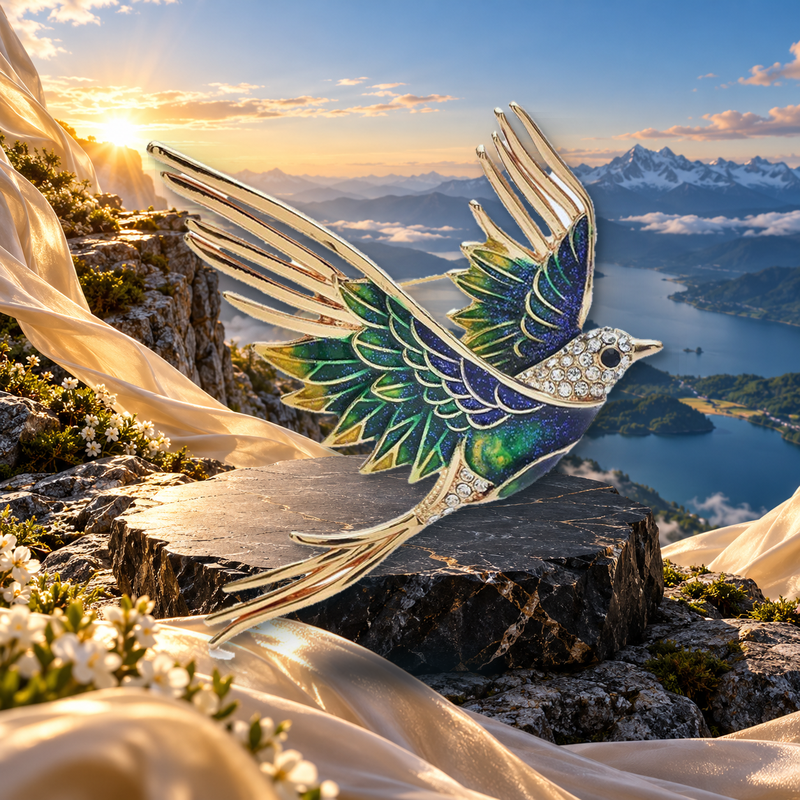 Soaring Bird with Open Feather Tips Brooch styled in a thematic scene