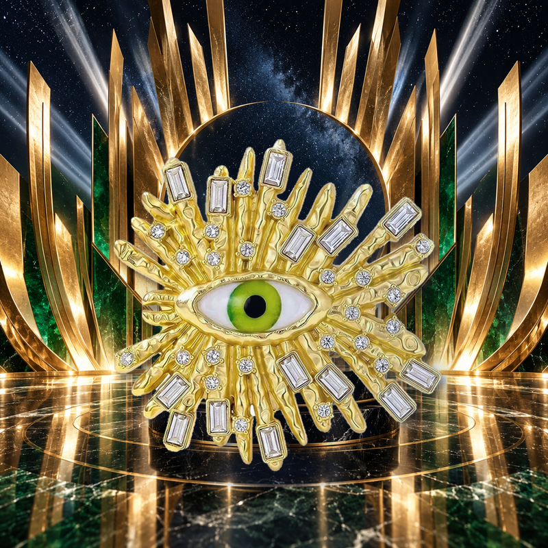 Sparkling Eye Sunburst Brooch styled in a thematic scene