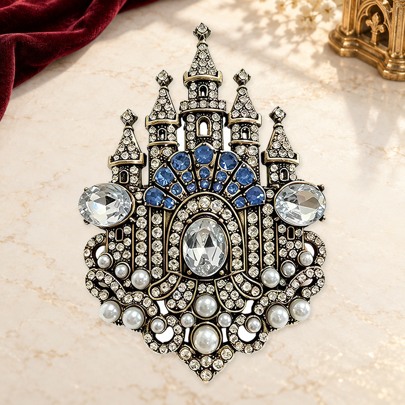Sparkling Fairy Tale Castle Brooch on a motif themed ivory backdrop