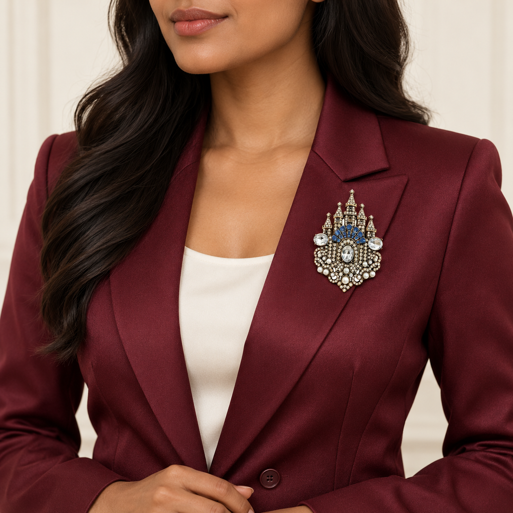 Sparkling Fairy Tale Castle Brooch worn with a coordinated outfit
