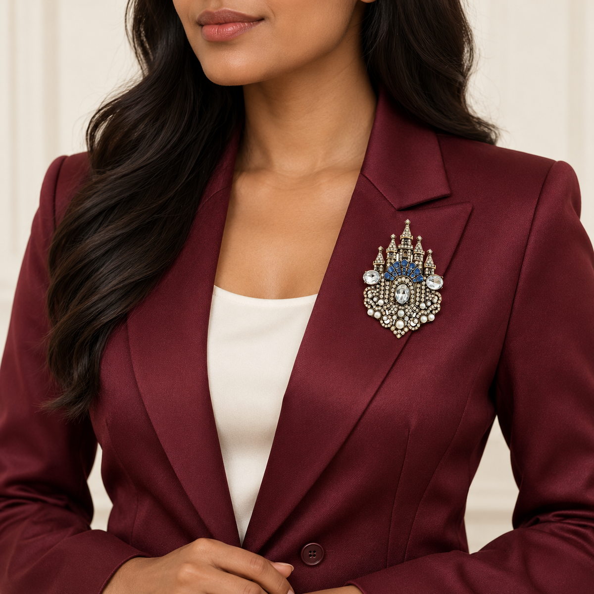 Sparkling Fairy Tale Castle Brooch worn with a coordinated outfit