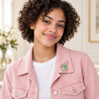 Sparkling Rabbit with Butterfly and Flower Brooch worn at realistic scale on coordinated clothing