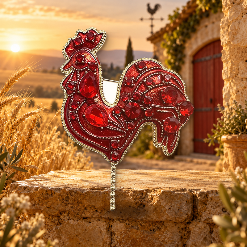 Sparkling Rooster with Flowing Tail Brooch in a themed styled scene