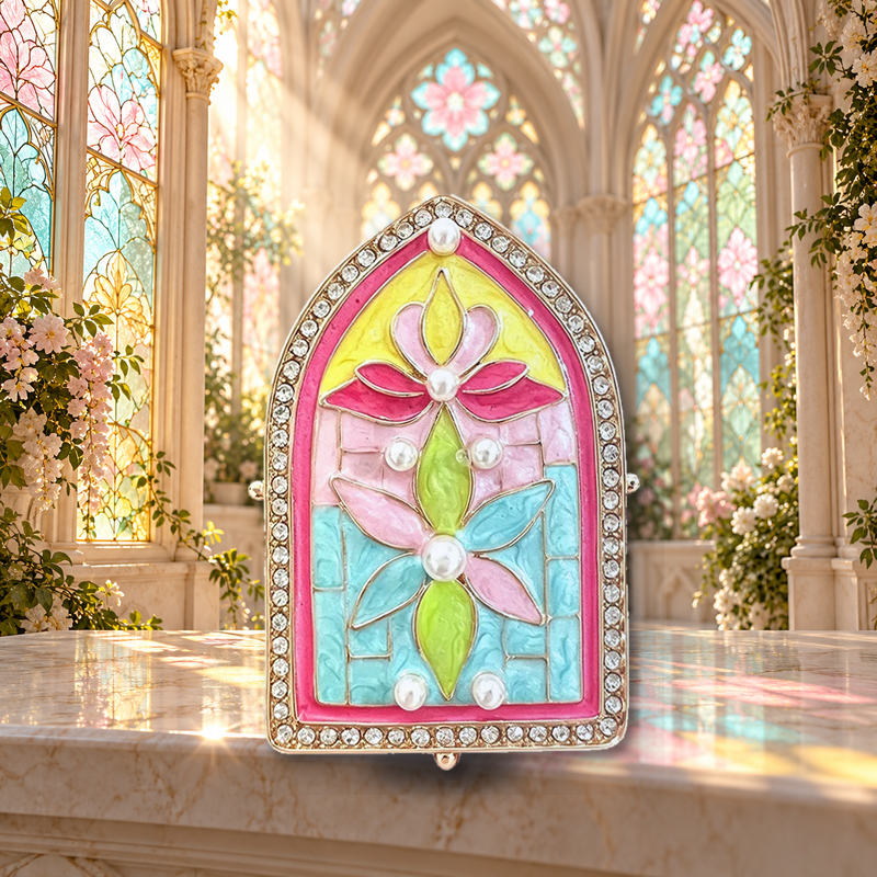 Stained Glass Style Floral Window Brooch styled in a thematic scene