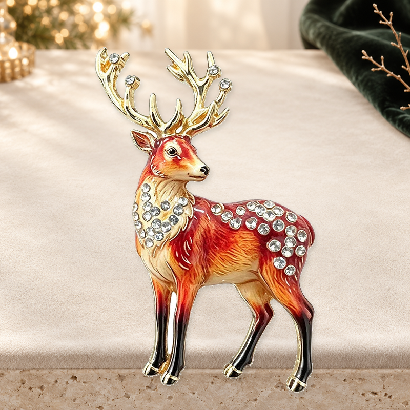 Standing Stag with Sparkling Antlers Brooch styled ivory evergreen and gold background