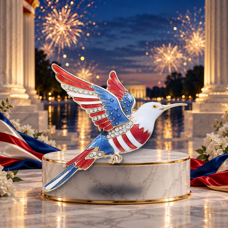 Stars and Stripes Bird in Flight Brooch styled in a thematic scene