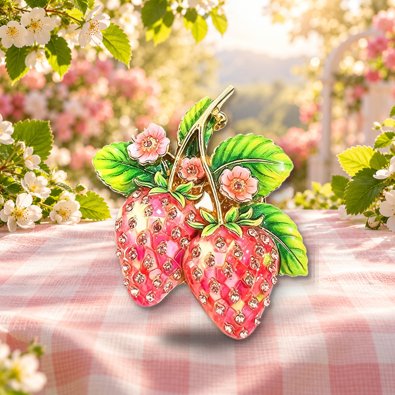 Strawberry Pair with Blossoms Brooch styled in a thematic scene
