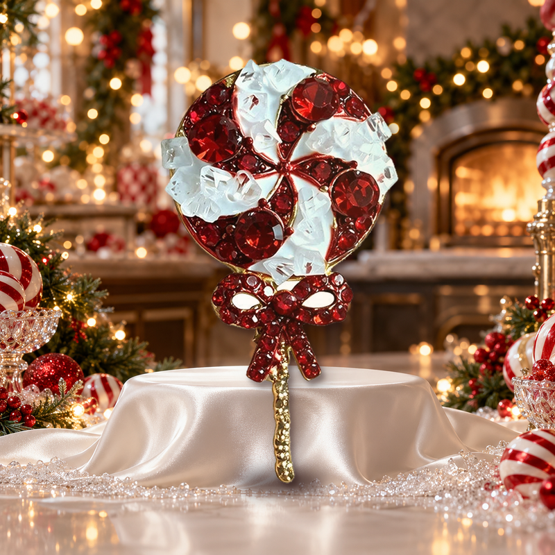 Swirled Christmas Lollipop with Bow Brooch styled in a thematic scene
