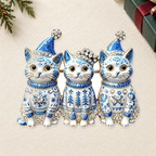 Three Festive Christmas Cats Brooch on a complementary display background