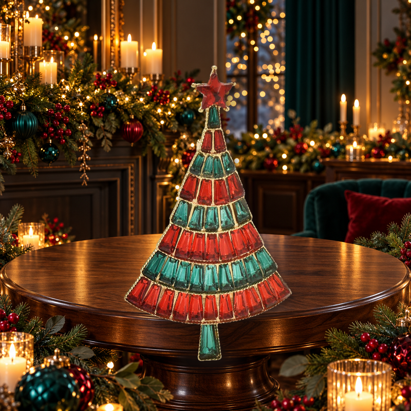 Tiered Crystal-Look Christmas Tree Brooch styled in a thematic scene