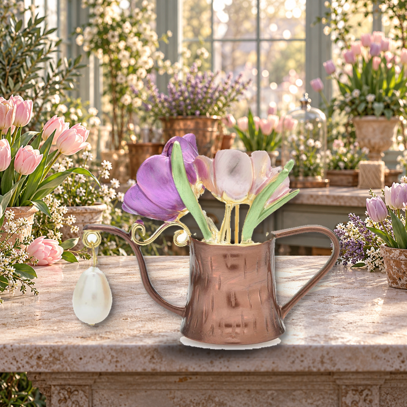 Tulip Watering Can with Pearl-Look Drop Brooch styled in a thematic scene