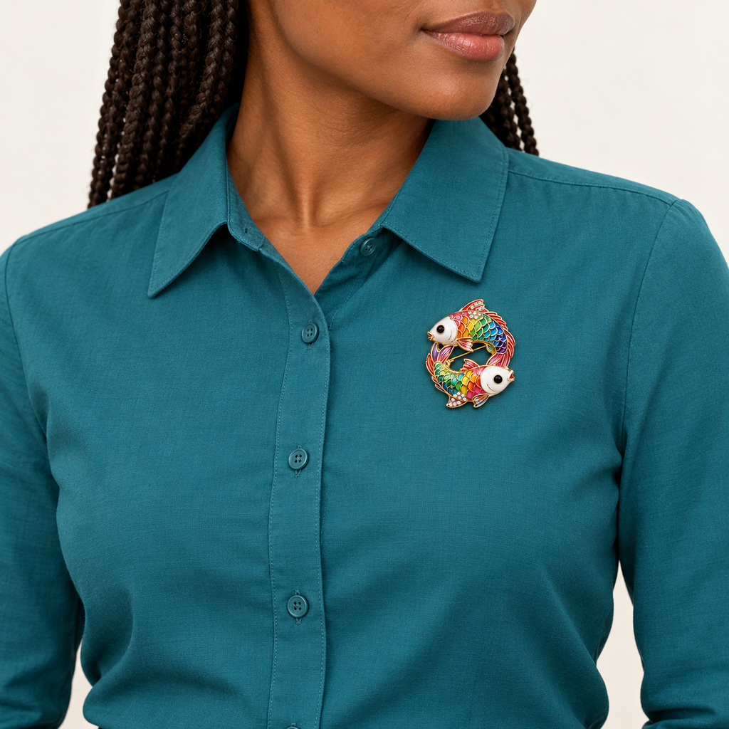 Twin Fish Pisces Zodiac Brooch worn with a coordinated outfit
