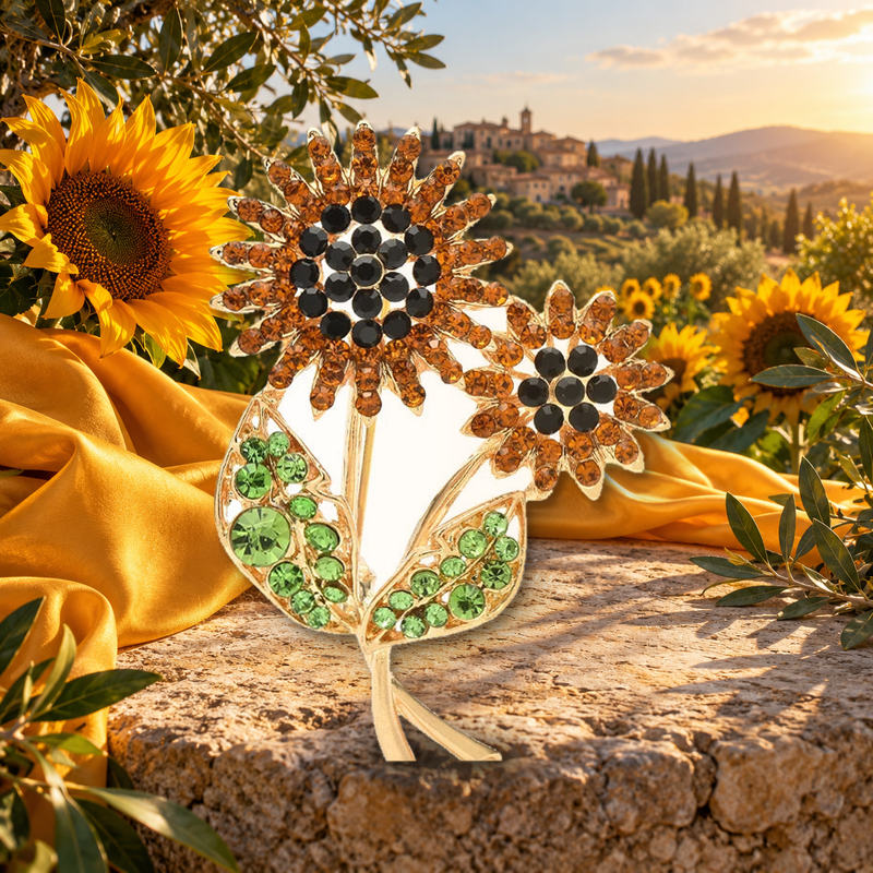 Twin Jeweled Sunflowers Brooch styled in a thematic scene