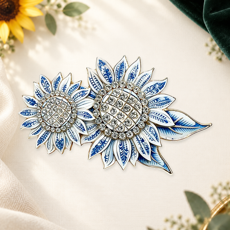 Twin Sunflower Sparkle Brooch on an ivory themed backdrop