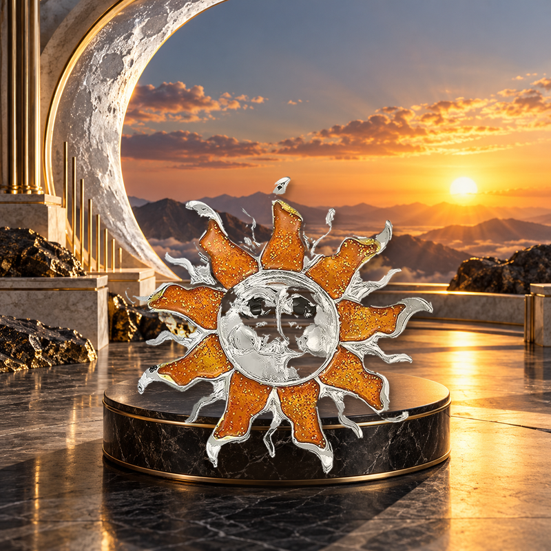 Two Tone Sun Face Brooch styled in a thematic scene