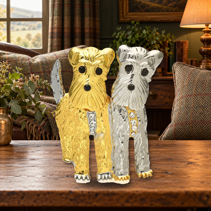Two-Tone Terrier Pair Brooch styled in a thematic scene