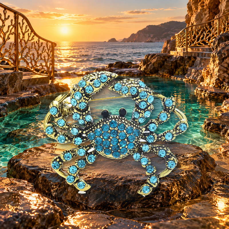 Vintage Jeweled Crab with Raised Claws Brooch styled in a thematic scene