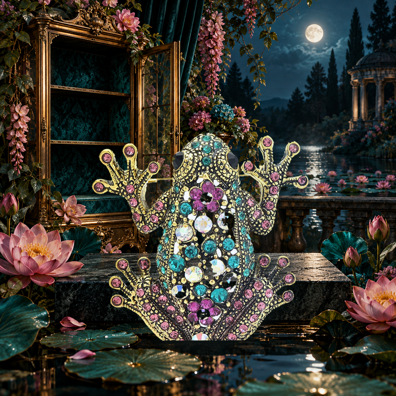 Vintage Jeweled Frog Brooch styled in a thematic scene