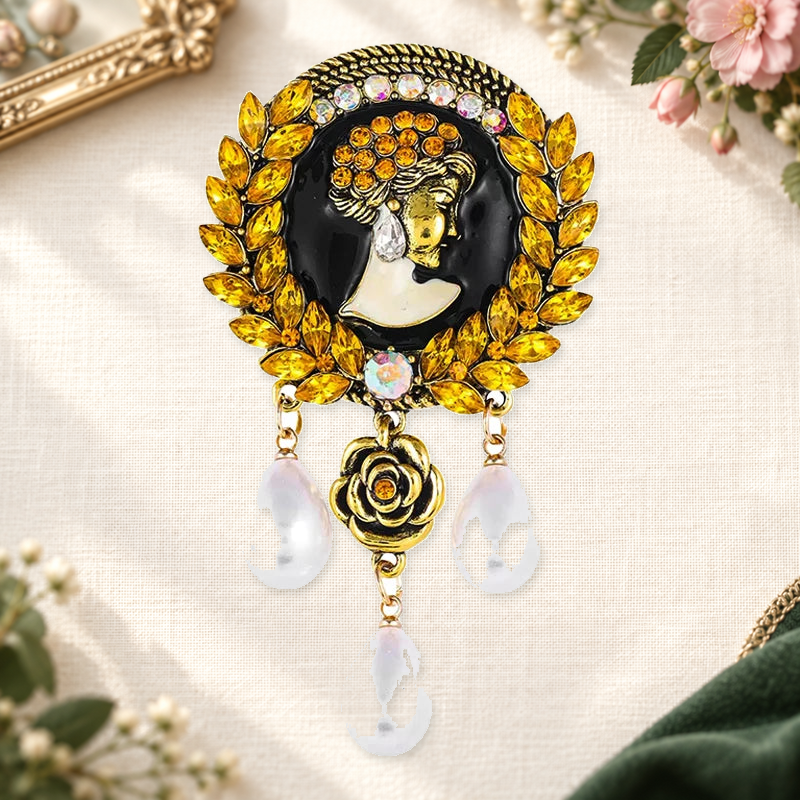 Vintage Lady Cameo with Pearl-Look Drops Brooch on a motif themed ivory backdrop