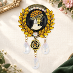 Vintage Lady Cameo with Pearl-Look Drops Brooch on a motif themed ivory backdrop