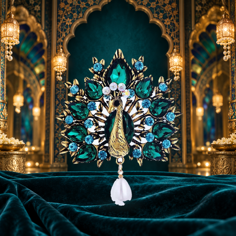 Vintage Peacock Fan with Pearl-Look Drop Brooch styled in a thematic scene
