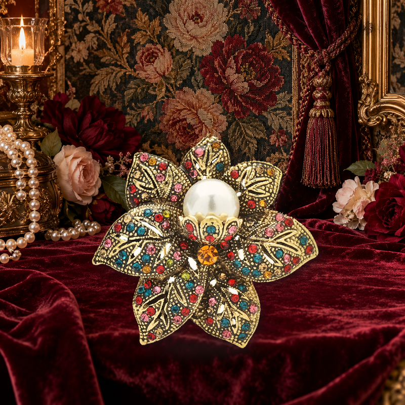 Vintage Pearl-Look Floral Rosette Brooch styled in a thematic scene