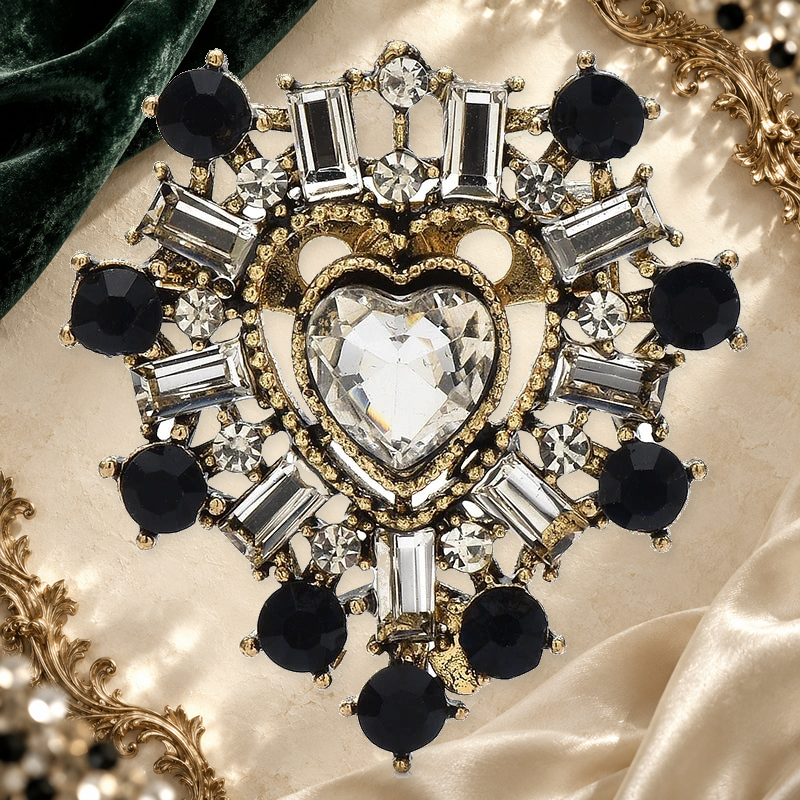 Vintage Rhinestone Heart Brooch on an elegant ivory, evergreen and gold background