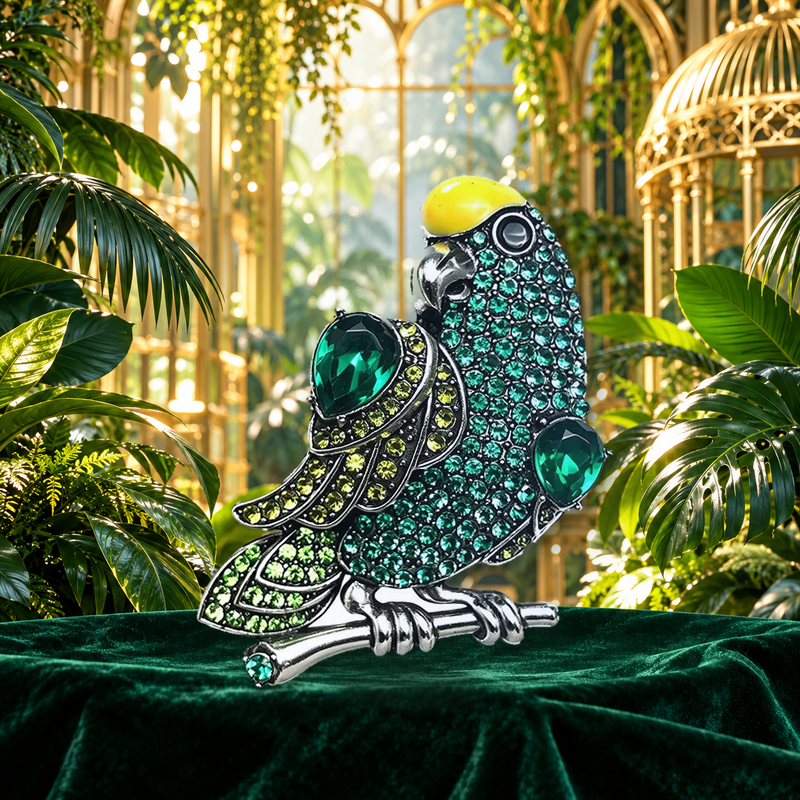 Vintage Rhinestone Parrot on Branch Brooch styled in a thematic scene