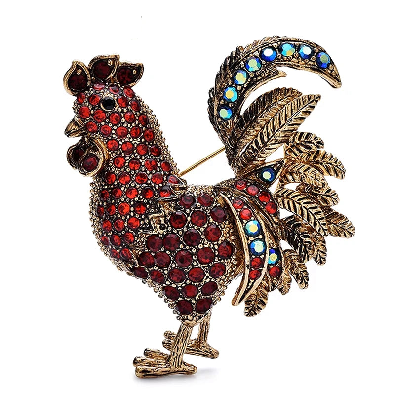 Vintage Rhinestone Rooster Brooch — Gold & Red