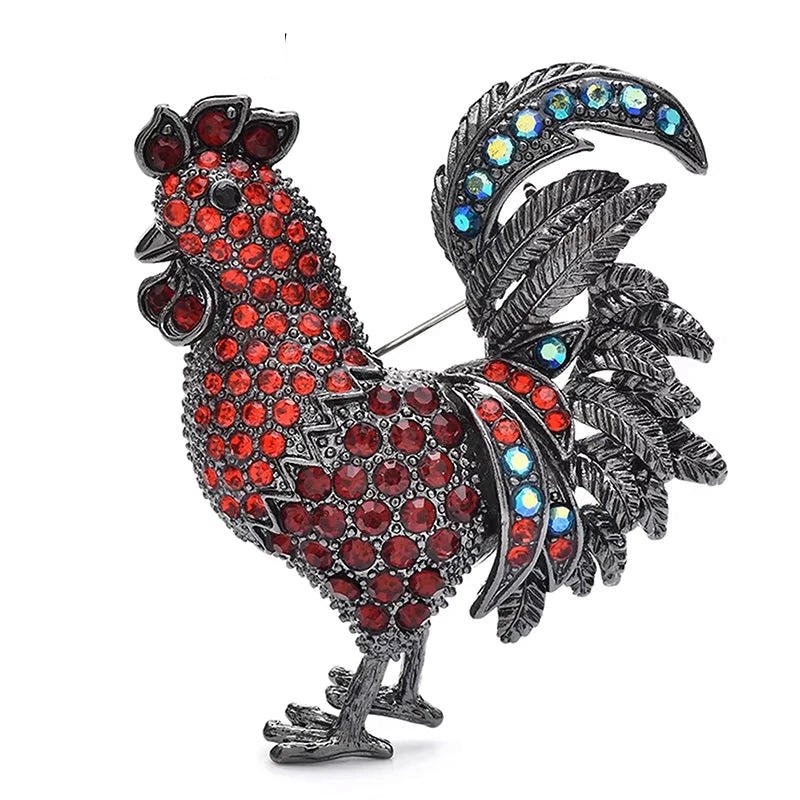 Vintage Rhinestone Rooster Brooch — Black & Red