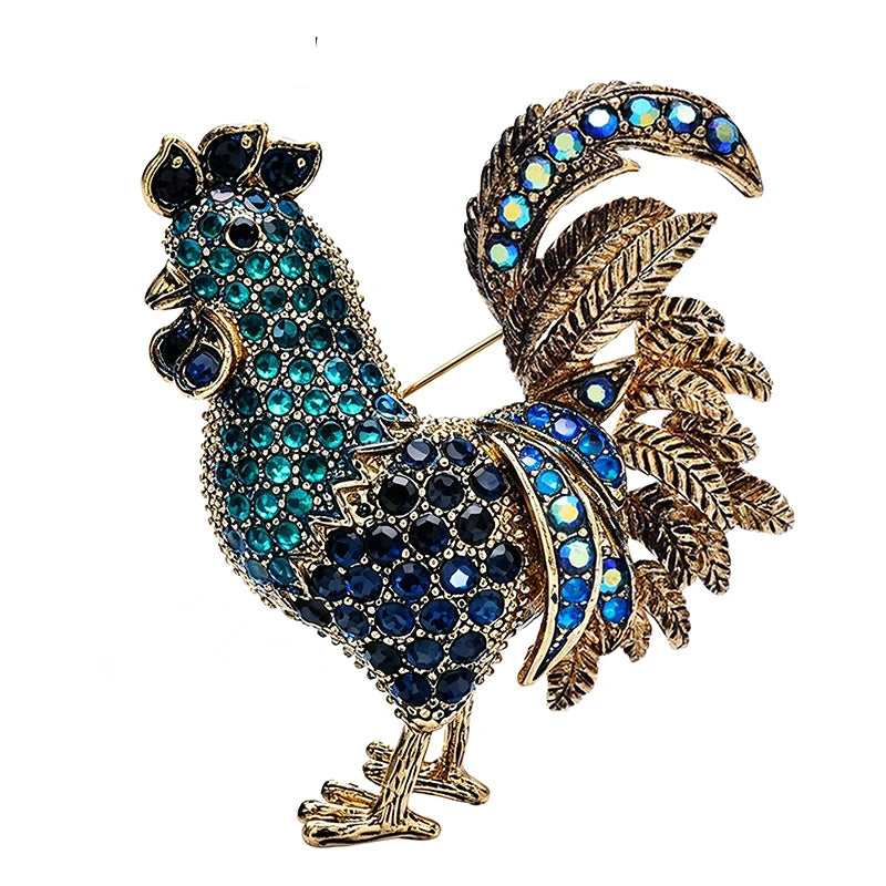 Vintage Rhinestone Rooster Brooch — Blue