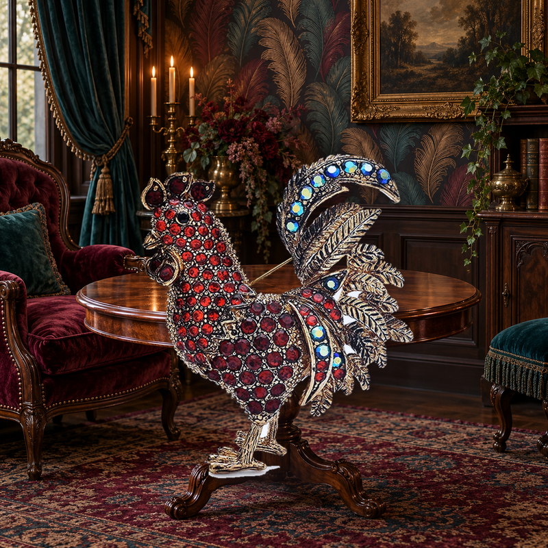 Vintage Rhinestone Rooster Brooch styled in a thematic scene
