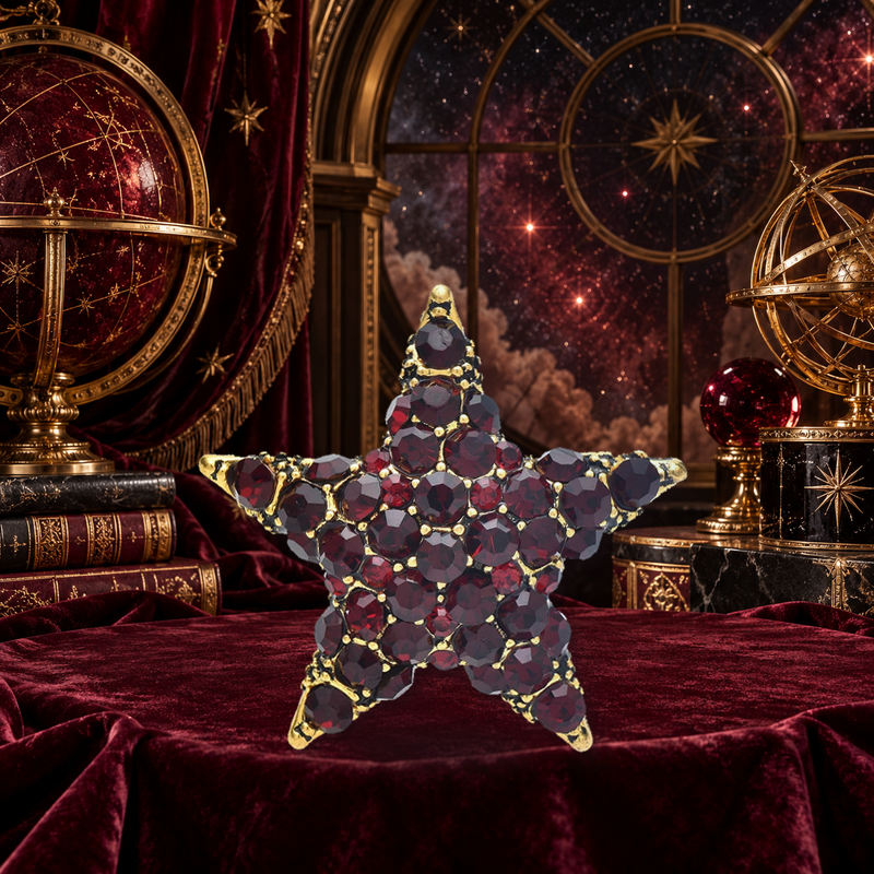 Vintage Rounded Jeweled Star Brooch styled in a thematic scene