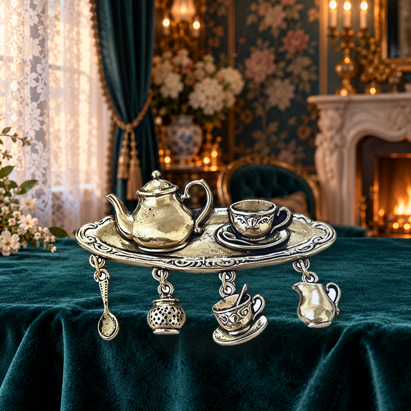 Vintage Tea Tray with Dangle Charms Brooch styled in a thematic scene