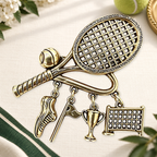 Vintage Tennis Racket Charm Brooch on an ivory themed backdrop