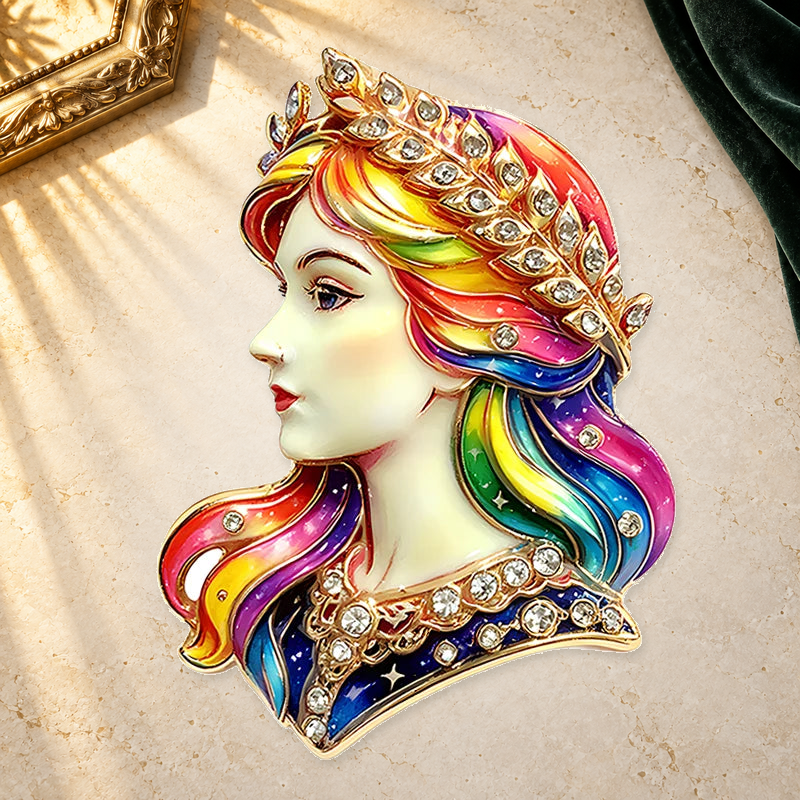 Virgo Maiden with Laurel Crown Brooch on a complementary display background