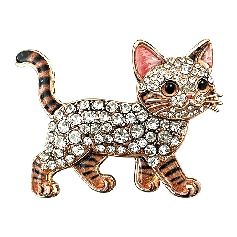 Walking Cat with Crystal-Look Body Brooch — Brown
