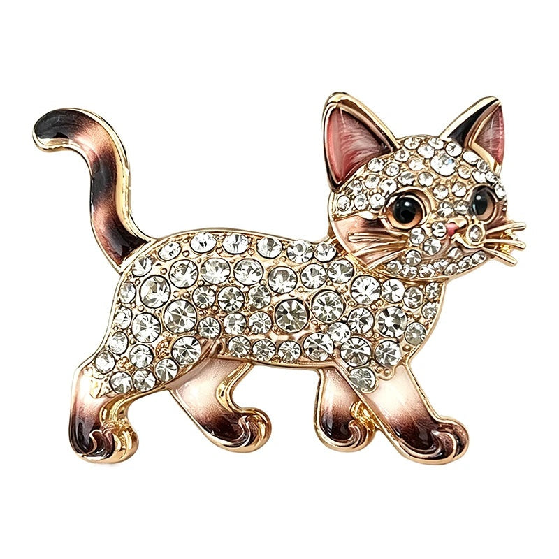 Walking Cat with Crystal-Look Body Brooch — Pink & Black