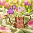 Tulip watering can with pearl-look drop brooch displayed on sage silk