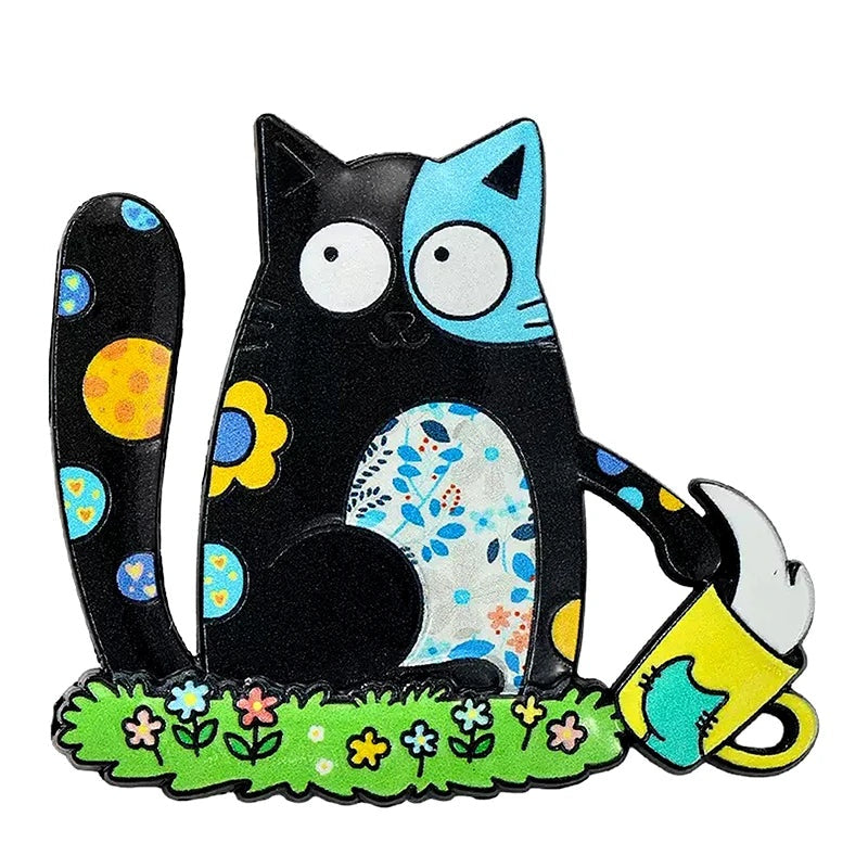 Whimsical Folk Art Cat Brooch — Black